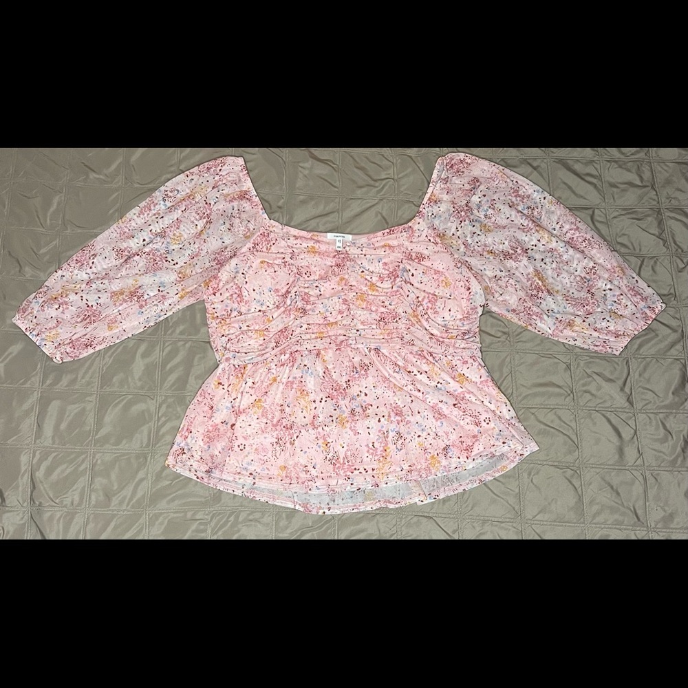 Pink Floral Mesh Ruched Sweetheart Top
